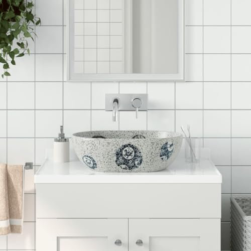 Tidyard Vasque à Poser Gris et Bleu Ovale 47x33x13 cm Céramique, Évier de Comptoir, Vasque à Poser, Lavabo de Salle de Bain pour Toilette, WC d'invités