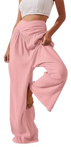 liaddkv Frauen Einfarbig Baumwolle Und Leinen Hosen Lose Hohe Taille Lässige Breite Bein Hosen Boho Strand Hosen 2024 Hose Damen Sommer 7/8 (Pink, XL)