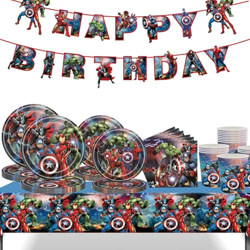 70P Boys Party Tableware Superhero Blue Birthday Decor,Happy Birthday Banner with Superhero Paper Cups,Plates,Spider Tablecloth for Boys