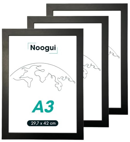 NOOGUI - Bilderrahmen a3 - Schwarzes Holz - 30x42 cm - Mit Antireflex‑Plexiglas - Für Fotos, Urkunden, Poster oder Puzzle - Vertikale und horizontale Positionierung - Stärke 2 cm - 3er-pack