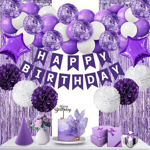 Décorations d'anniversaire violet pour filles femmes, Guirlande Happy Birthday, bannière de banderole,pompons, rideau de feuille d'aluminium violet pour Bday Engagement Anniversary Party Decor Suit