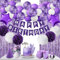 Décorations d'anniversaire violet pour filles femmes, Guirlande Happy Birthday, bannière de banderole,pompons, rideau de feuille d'aluminium violet pour Bday Engagement Anniversary Party Decor Suit