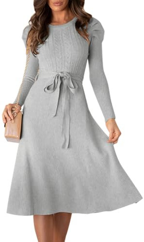 IBAKOM Women's Fall Sweater Dress Winter Snug Fit Knitted Long Sleeve Belted Ruffle Midi Dress A-Line Casual Dresses Grey XL