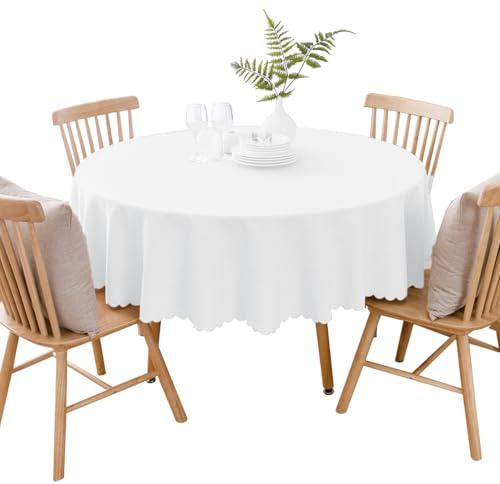 BHOMTY Runde Tischdecke aus Baumwolle und Leinen, schmutzabweisend, geeignet für Esstische, Couchtische, Balkone und Gärten Weiß, Durchmesser 180 cm