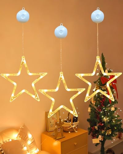 Anmossi LED Sterne Weihnachtsbeleuchtung,3 Stück,10 LED Weihnachten Deko mit Timer,Fenster Lichterkette Sterne Innen für Weihnachten Deko,Fenster,Party,Hochzeit,Warmweiß