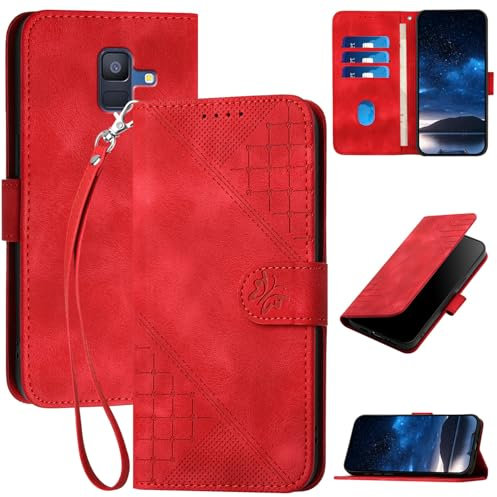 PNATEE Handyhülle für Samsung Galaxy A6 2018 Hülle, Klapphülle Lederhülle Klappbar Brieftasche Tasche Kartenfach Magnet Schutzhülle für Samsung Galaxy A6 2018, Rot