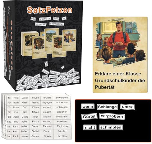 SatzFetzen – Das verrückte Magnet-Wortspiel für 2+ Spieler | Lustige Sätze mit 840 Wortmagneten & 250 Aufgaben-Karten erstellen | Kreativer Partyspaß für Familie & Freunde