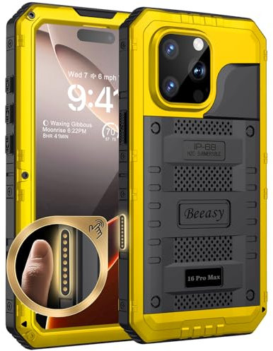 Beeasy for iPhone 16 Pro Max Case Waterproof Heavy Duty Metal Armour Cover Shockproof Dustproof Built-in Screen Protector, Robust Full Body Protective Military Rugged Case for 16 Pro Max, Yellow