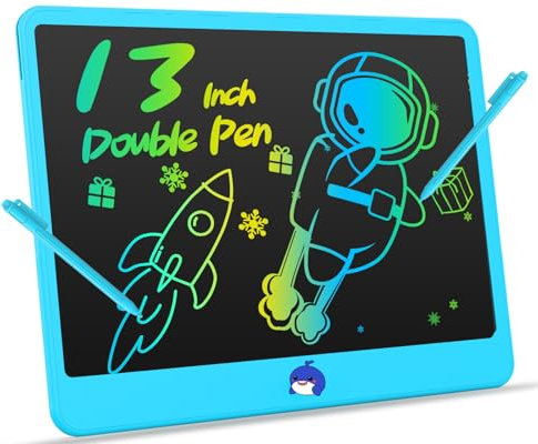 Tablette Dessin Enfant à double Stylet, Ardoise Magique Coloré de 13 Pouces, Tablettes d'écriture LCD, Cadeaux d'anniversaire et de Noël Jouets pour Filles et Garçons de 3 à 8 ans (Bleu)