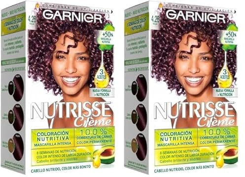 NUTRISSE Garnier Creme Coloración Nutritiva Permanente, Tinte 100% Cobertura de Canas con Mascarilla Nutritiva de 4 Aceites - Tono 4.26 Violín (Paquete de 2)