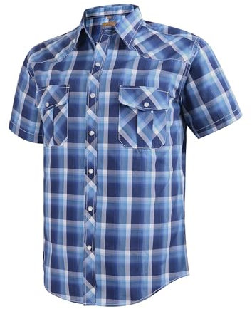 Dctop Chemise à manches courtes décontractée pour homme - Boutons-pression - Couleur unie - Coupe droite - Chemise de loisirs, Bleu à carreaux, XXL
