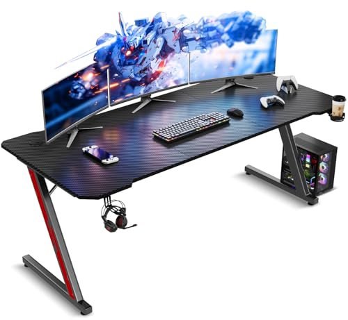 TRIUMPHKEY 160x60cm Scrivania Gaming/Tavolo Gaming - Piano in Carbonio Senza LED, Gambe a Z (100kg), con Gancio Cuffie + Portabicchieri, Design Moderno