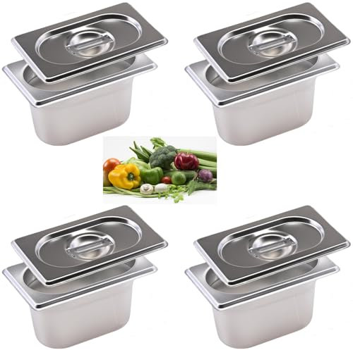 ORFCP 4 contenitori in acciaio inox 1/9 con coperchio, 100 mm di altezza, contenitore per alimenti in acciaio inox, resistente al calore, 17,5 x 11 x 10 cm