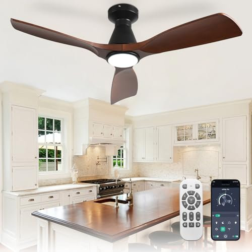 Depuley 42-Inch Ceiling Fans with Lights: Walnut 3 Blade Flush Mount Low Profile Ceiling Fan for Bedroom - Dimmable Outdoor Quiet DC Motor Fan with Remote APP Control Timer