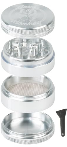 Grass Monkey® Aluminium Grinder – 4-teilig, Ø 6,3cm – Robuste Kräutermühle mit scharfen Zähnen & Pollensieb – Inklusive Schaufel - Silver, 6,3cm