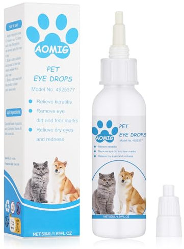 Aomig Gouttes pour Les Yeux des Chats et Chiens, 50ml Gouttes Oculaires Hydratantes pour Animaux, Nettoyant Oculaire Formule Douce Naturelle, Traces de Déchirure et Soulage l'inflammation