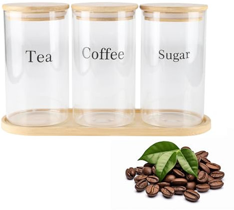 Gzsekken 3 Pack Tea Coffee Sugar Canisters,750ML Glass Food Storage Jars with Wooden Tray,Round Kitchen Coffee Tea Sugar Set Canisters with Airtight Lids,Decorative Counter Storage Jars for Kitchen