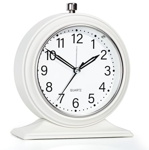 AYRELY® 4-Zoll Kleiner Wecker – Retro Wecker analog ohne Ticken mit Licht, lautloser Metall-Tischuhr für Schlafzimmer, Regal oder Nachttisch (Weiß)