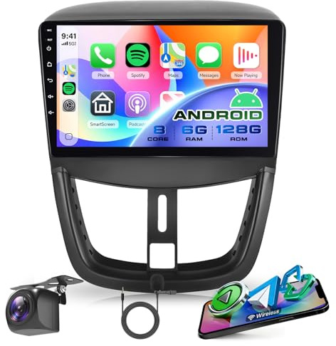 Rimoody 8 Core 6G+128G Android Autoradio für Peugeot 207 2006-2015 Wireless Carplay Android Auto GPS Navi WiFi 360° Panorama, 9 Zoll Touchscreen Radio Bluetooth FM/RDS/DSP EQ/USB/SWC Rückfahrkamera