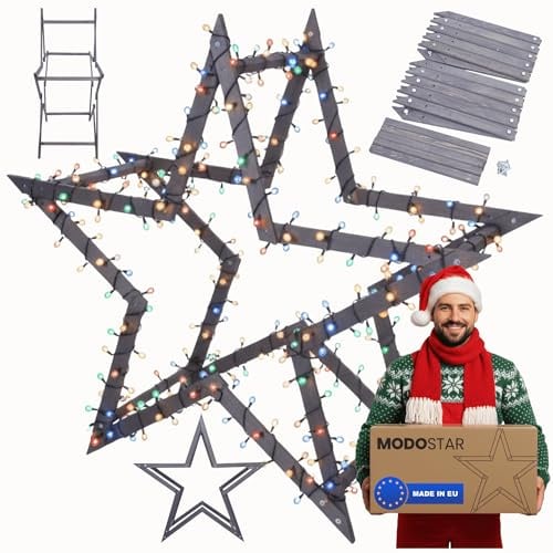 MODO24 DIY Stern MODOSTAR 3D Weihnachtsstern Set aus FSC Holz, Sternabmessungen: 139 cm, zum Aufstellen im Garten & Terrasse, wetterfest, faltbar & stabil, Weihnachtsdeko, Farbe: Grau imprägniert