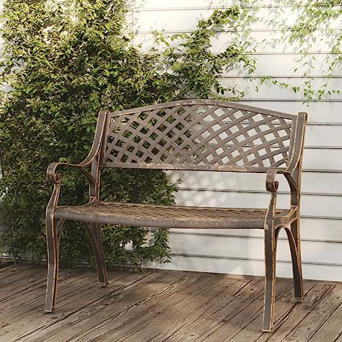 IBUQDDV Gartenbank 102 cm Aluminiumguss Bronzen Wetterbeständig Langlebig Romantische Eleganz Robustes Gusseisen Gestell Dekorative Verzierungen