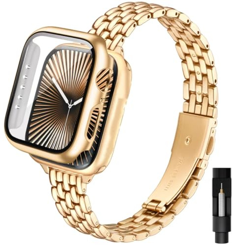 Aniaboho Damen Bling Schmuck Armband und Hülle kompatibel mit Apple Watch Armband 42mm (Series 11/10) mit Schutzhülle, Glänzendes Uhrenarmband, Schönes Metallarmband für iWatch Series 11 10(42mm Gold)