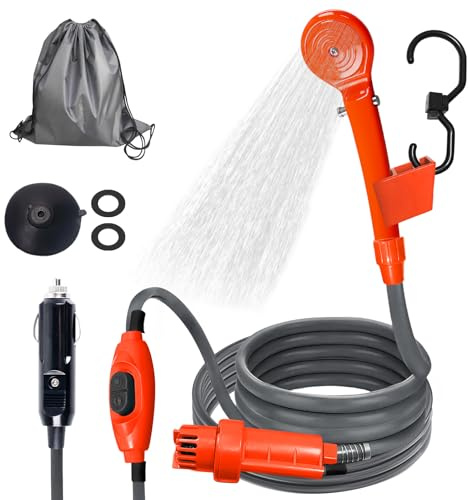 Douche de Camping Portable,Pompe de Douche,Prise Allume-Cigare 12 V,Kit de Douche Mobile,Douche de Camping Extérieure Avec Pommeau Et Flexible,Douche Extérieure pour Camping-Cars Et Voyages (Orange)