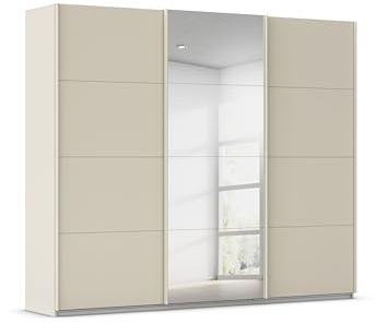 Rauch Möbel KULMBACH, Schwebetürenschrank, Farbe Beige, Breite 271 cm | Kleiderschrank mit Schwebetüren, Schiebetüren, 3-türig, mit Spiegel, Zubehör Basic, Schlafzimmer, Jugendzimmer, Garderobe
