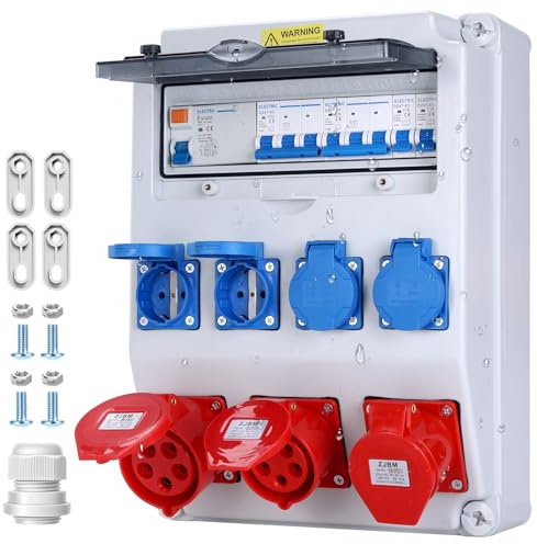 VAYALT Distribuidor de pared precableado, IP67, resistente al agua, distribuidor de corriente de construcción, 32 A, con interruptor FI e interruptor LS, 4 enchufes Schuko de 230 V + 3 x CEE 16 A/32 A