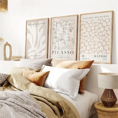Xiyocadt 3er Poster Set, Beige Pflanzen Wandkunst,Abstrakte Matisse Stilvolles Blumen Bilder, Vintage Leinwand Wanddekoration,für Wohnzimmer Schlafzimmer Bad Büro,Ohne Rahmen (40x50cm)