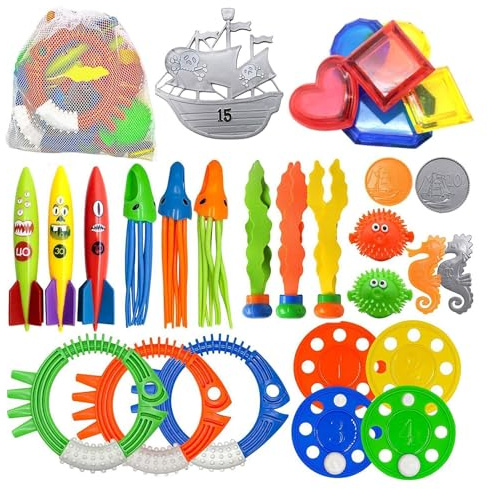 Manolyee Juguetes De Buceo Infantiles | Set 34 Piezas Tesoro Submarino | Juguetes Buceo hundibles Piscina - Edades 3 A 12 Años Chicos Chicas Pequeños Adolescentes Playa Lago Al Aire Libre