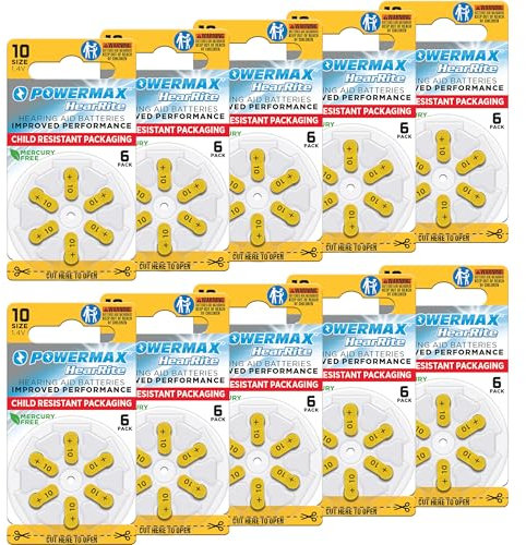 Powermax USA Premium Zinc-Air Hearing Aid Batteries, Size 10, 64 Count