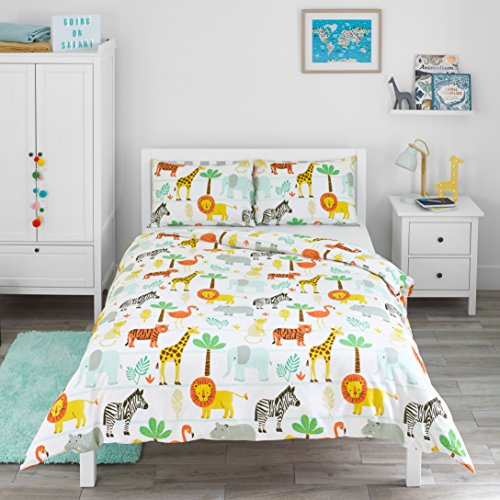 Bloomsbury Mill - Bettwäsche 200 x 200 cm Safari Tiere für Kinder – Doppelbett Bettwäscheset für Jungen und Mädchen – Zoo Tiere & Dschungel Wendebettwäsche und 2 Kissenbezug Set
