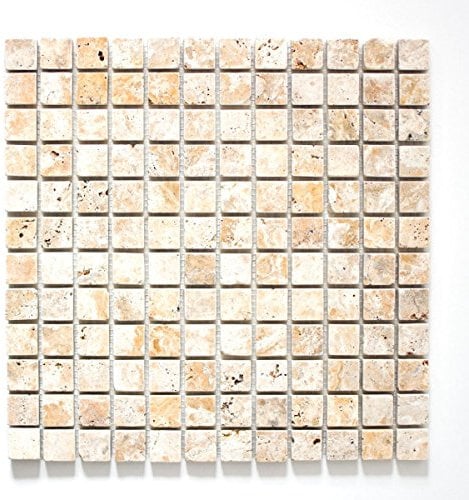 Profilo parete in tessera a mosaico in travertino, pietra naturale di colore giallo per parete del bagno, doccia, cucina, piastrelle, specchio, paneling bagno.