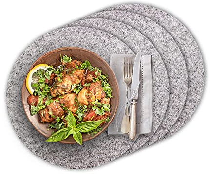 Casoro 4er Platzset aus waschbarem Filz, runde Platzmatten je Ø35cm groß, in Graumeliert, edles Tischset perfekt zu jeder Einrichtung