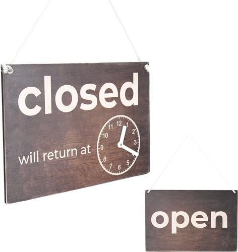 Double-Sided Open/Closed Sign With Clock - Vintage Wooden Business Sign With Will Return Clock, Decorative for Door and Window, 12 х 8 Inches