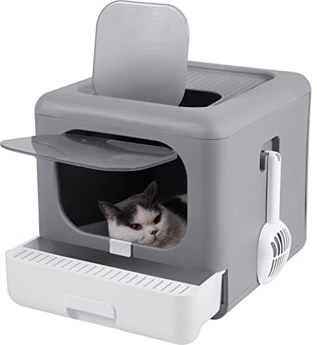 BingoPaw Arenero Gatos Cubierto Grande con Cajon Bandeja Extraíble Caixa de Areia para Gatos Plegable Cerrado sin Olor con Pala y Filtro carbón Activado desodoriza 40x44x39cm