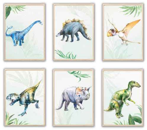 MeinBaby123® Dino Poster Kinderzimmer | Dinosaurier Wandbilder 6er Set DIN A4 | Bilder für Jungen und Mädchen | Babyzimmer Deko
