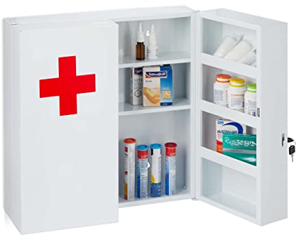 Relaxdays Armoire à Pharmacie XXL, verrouillable, 11 Compartiments, Acier, HxLxP: 53,5x53x19 cm, 2 Portes, Blanc - Rouge