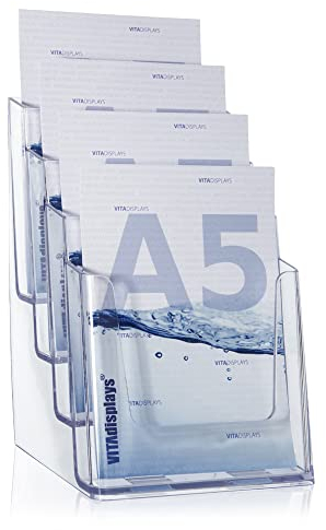 2 Stk. DIN A5 Tischprospektständer mit vier Etagen, Flyerständer, transparenter Flyerhalter und Prospekthalter, Prospektständer, Tisch-Prospektständer für A5 Flyer, Prospekte, optionale Wandmontage
