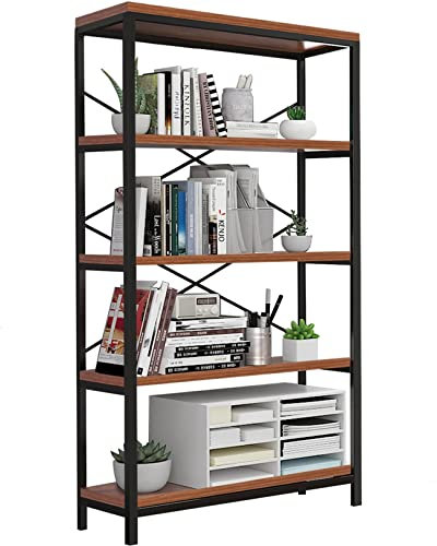Himimi Industrial Bookshelf 5-Tier, Bookcase 58 H Ladder Shelf, Storage Shelves Rack Shelf Unit, Accent Furniture Metal Frame, Home Office Furniture for Bathroom, Living Room, Vintage Brown
