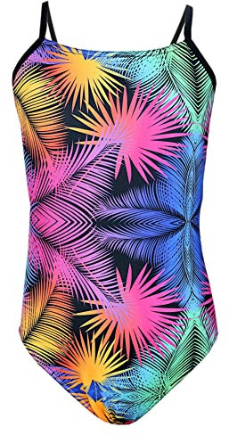 Aquarti Costume Piscina Bambina – Costume Intero Bambina con Bretelle Sottili Regolabili, Foglie Colorate/Nero/Rosa/Arancione, 164