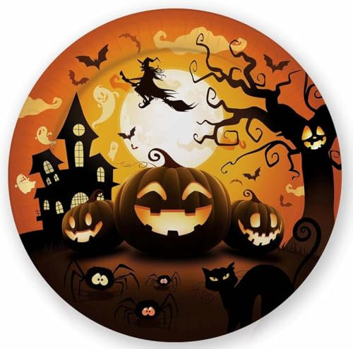 FIESTAS GUIRCA | 6 Assiettes Jetables Citrouille (23 cm) - Décoration de Table pour Fêtes d'Halloween Terrifiantes - Idéal pour Événements de Peur - Orange, Noir