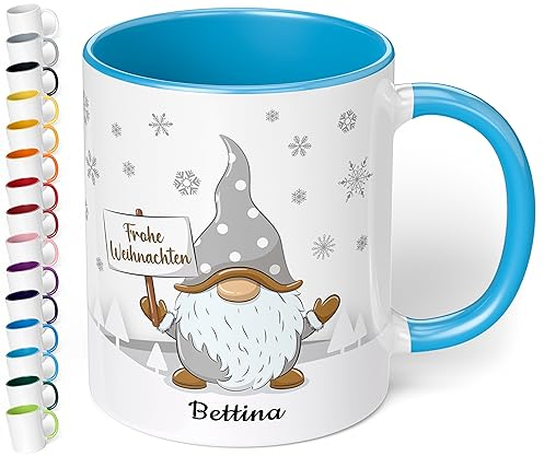 True Statements Weihnachtstasse mit Namen personalisiert „Frohe Weihnachten“ - mit Gold-Wichtel-Motiv - 330ml Keramik Kaffee-Becher mit Spruch – Geschenk zu Weihnachten (Hellblau)
