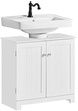 SoBuy Meuble sous-Lavabo, Meuble sous-Vasque, Meuble sous Evier Salle de Bain, avec 2Etagères et 2 Portes, Meuble de Rangement de Salle de Bain, Anti-Humidité, Blanc, L60xP30xH60cm, BZR18-II-W
