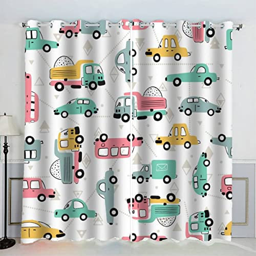 VASENA Gardinen Spielzeugauto Ösenvorhang Schallschutz Polyester Vorhang Cartoon-Auto Mädchen Jungs Jugendzimmer Wohnzimmer Schlafzimmer 2 Stücks (200x200 cm)