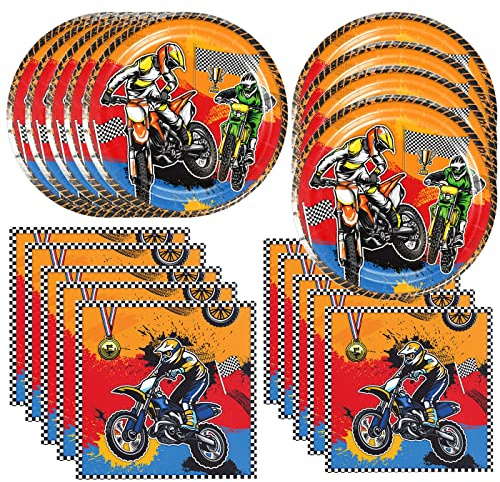 Frerand Lot de 40 fournitures de fête Dirt Bike comprenant 20 assiettes, 20 serviettes pour décoration de fête d'anniversaire de moto