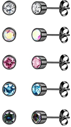 CASSIECA 5 Paar Titan Ohrstecker für Damen Herren Medizinische Ohrstecker Set 3mm Titan Ohrringe Kinder Schwarz Ohrringe Chirurgenstahl Geschenke für Damen Herren mit Schmuckkästchen