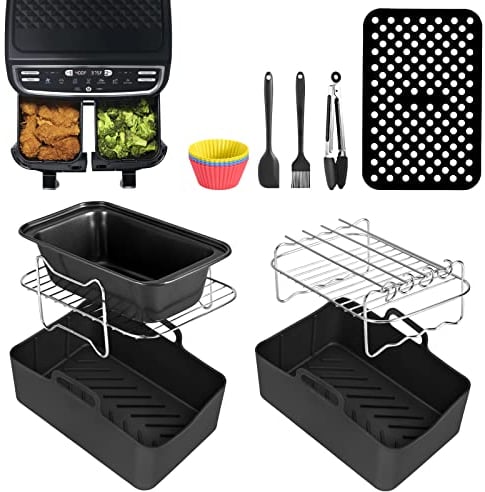 Altueey Dual Air Fryer Accessories Set of 10 for Ninja Foodi AF300UK AF400UK, Air Fryer Accessories with Silicone Air Fryer Liners, Air Fryer Rack for Tower T17088, Double Basket Air Fryers 7.6L-9.6L