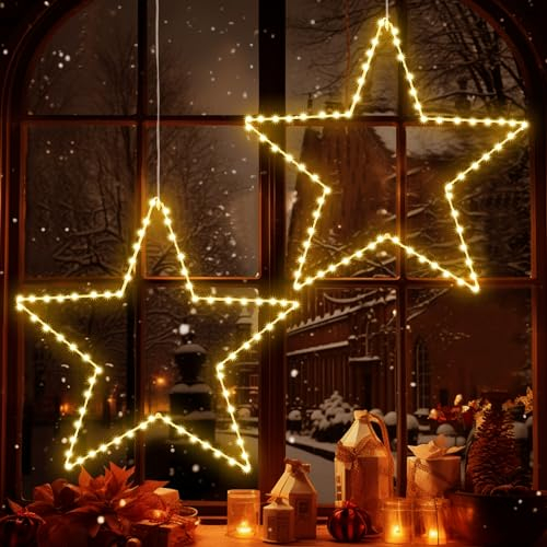 ELKTRY Weihnachtsdeko mit 2 große metall Sterne, 140 LED Weihnachtsstern Beleuchtung Innen Batterie Warmweiß faltbar 8 Modi Wasserdicht Weihnachtsbeleuchtung Außen mit Timer